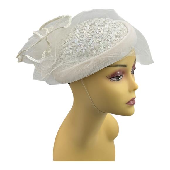 Vintage White Off-white Hat W/ Netting Sequins Classic Pillbox Wedding Chic 60’s main image 15